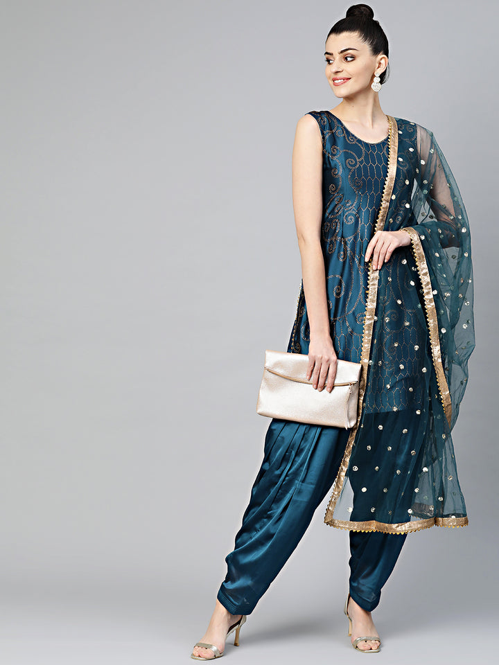 Chhabra 555 Made to Measure Teal Blue Kurta Set With Crystal embelishments, Patiala Salwar and Embroidered Dupatta