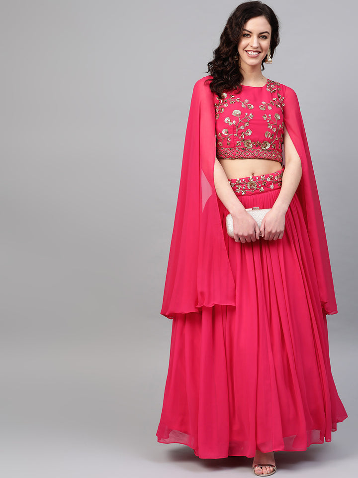 Chhabra 555 Made-to-Measure Crop Top Skirt Set with Flared Slit Cape Style Sleeves and Sequin Crystal embroidery