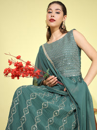 Chhabra 555 Made to Measure Teal Zari Embroidered & Sequence Embellished Georgette Nayra Cut Suit With Flared Palazzo & Dupatta