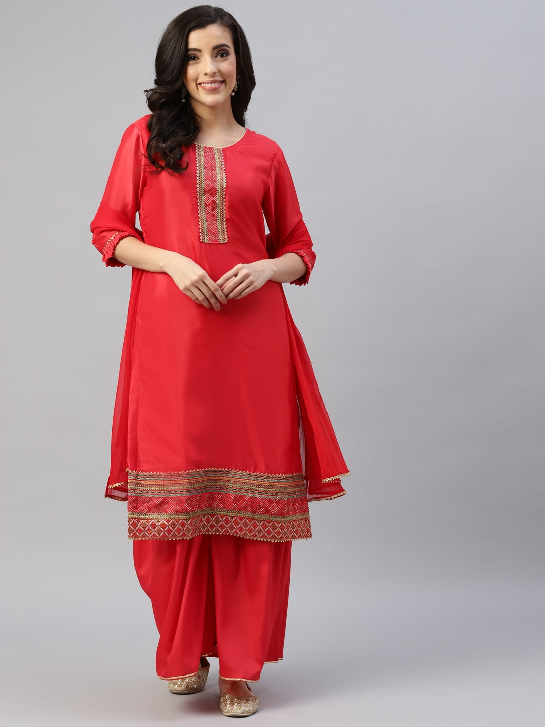 Chhabra 555 Red Resham Embroidered & Swaraoski Embellished Unstitched Dress Material With Contrast Dupatta Set
