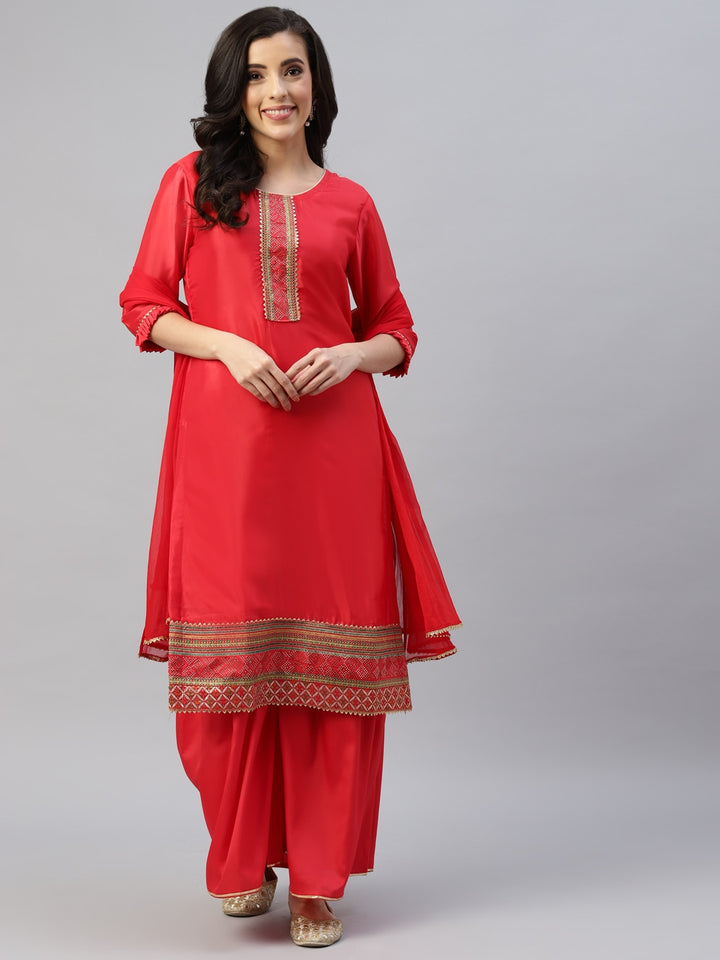 Chhabra 555 Red Resham Embroidered & Swaraoski Embellished Unstitched Dress Material With Contrast Dupatta Set