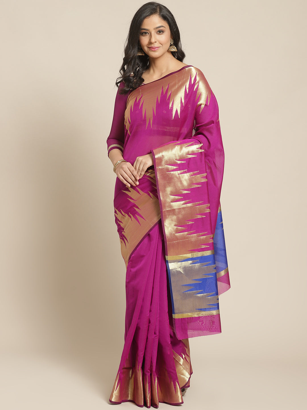 Banarasi Handloom Purple Saree with Gold Zari Temple Border & Contrast Blue Blouse