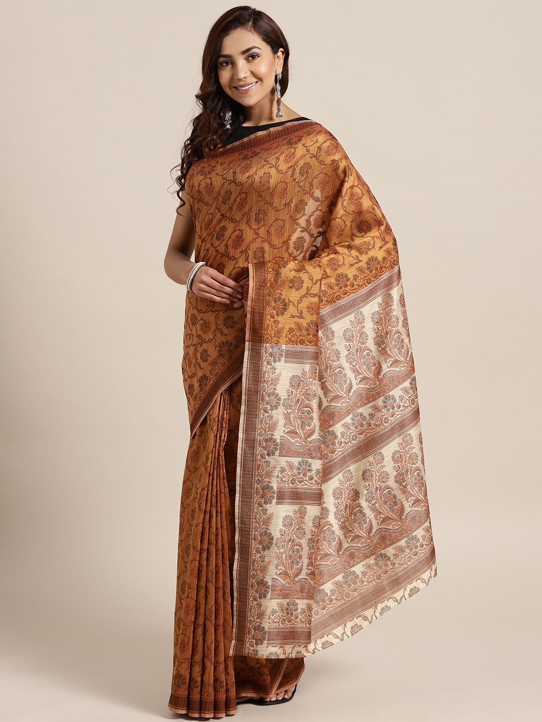 Chhabra 555 Mustard Resham Woven Banarasi Saree with intricate floral pattern