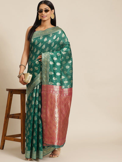 Chhabra 555 Teal Green Silk Blend Banarasi Traditional Woven Saree With Ethnic Motifs & Contrast Pallu
