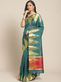 Banarasi Handloom Teal Saree with Gold Zari Temple Border & Contrast Maroon Blouse