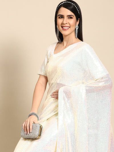 Chhabra 555 White Bling Metallic Sequin Embellished Cocktail Net Saree