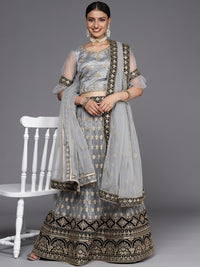 Chhabra 555 Semi-stitched Grey Gold Zari Embroidered Net Pleated LehengaSet With Black Velvet Border