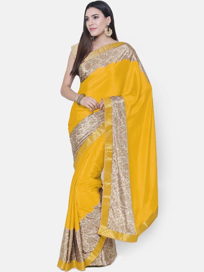 Chhabra 555 Yellow Satin Silk Saree with floral print and a woven Border