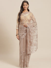 Chhabra 555 Nude Gold Floral Resham Embroidered Tulle Saree With Cut-Work Scalloped Border