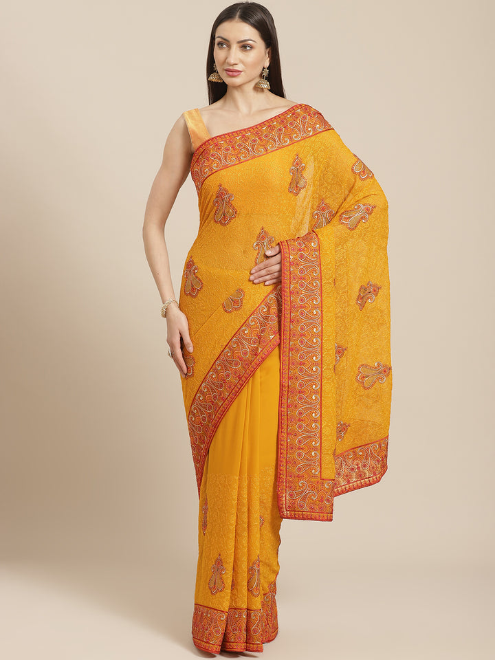 Mustard Georgette Heavy Resham Embroidery Saree With Intricate Paisley Motifs