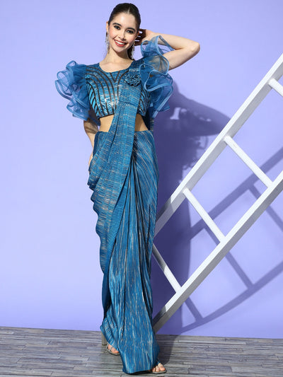 Chhabra 555 Blue Lycra Pleats Belt Saree & Silver Applique work, Embellished Ruffled Sleeve Blouse  