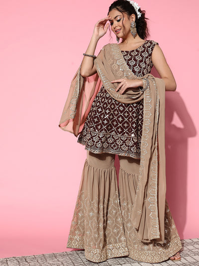 Chhabra 555 Made to Measure Colorblocked Sequin & Zari Embroidered Peplum Kurta Sharara Set 