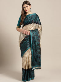 Chhabra 555 Turquoise Printed Bhagalpuri Saree with Tribal Animal and Human Motifs