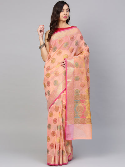 Chhabra 555 Rose Pink Chanderi Silk Handloom, Hand Woven,Floral, Meenakari Banarasi Zari Weav Border Saree  
