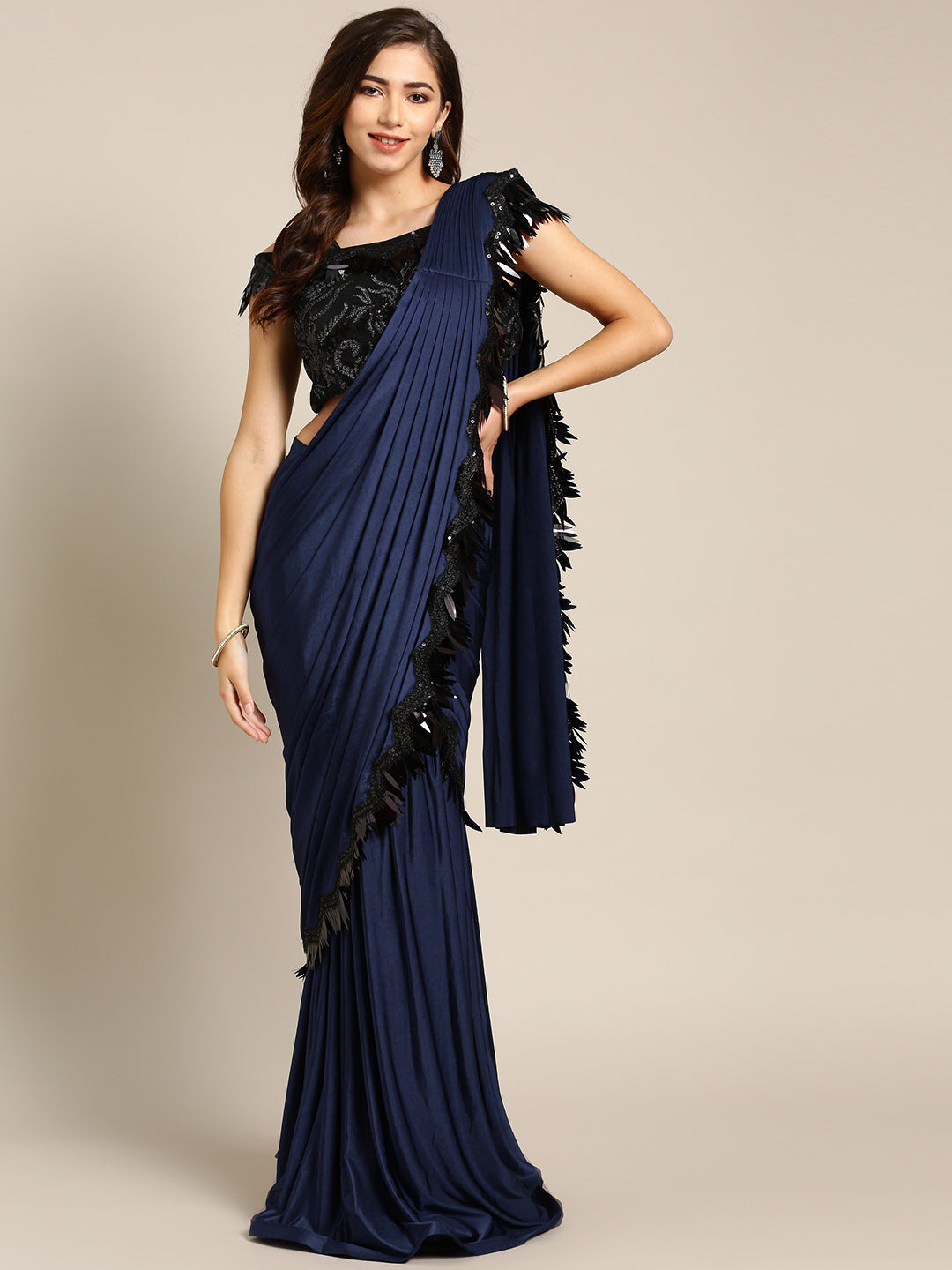 Ruffled Pre-stitched Saree with Festive Layering & Bling Embroidery Off Shoulder Blouse