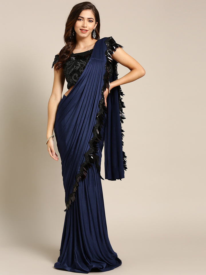 Ruffled Pre-stitched Saree with Festive Layering & Bling Embroidery Off Shoulder Blouse