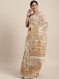 Chhabra 555 Beige Printed Floral Summerish Banarasi  Tussar Traditional Saree with Tassels 