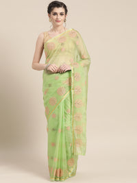 Chhabra 555 Organza Saree with Zari Satin border, Kasab Multicolor Embroidery and crystals