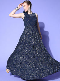 Navy Blue Foil Print Embellished Flared Long Party Wear Cocktail Gown