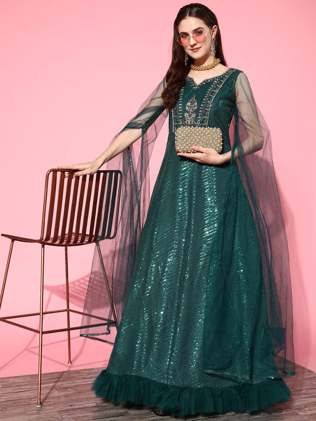 Chhabra 555 Made to Measure Sequinned Bling Cocktail Gown with Long Cape Style Sleeves