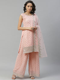 Pastel Pink Gota Patti & Mirror Embroidered Kurta Pallazo Set with Scalloped Dupatta