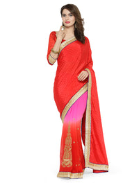 Red Ombre Embroidered Georgette Saree With Gold Zari Panelled Embroidery