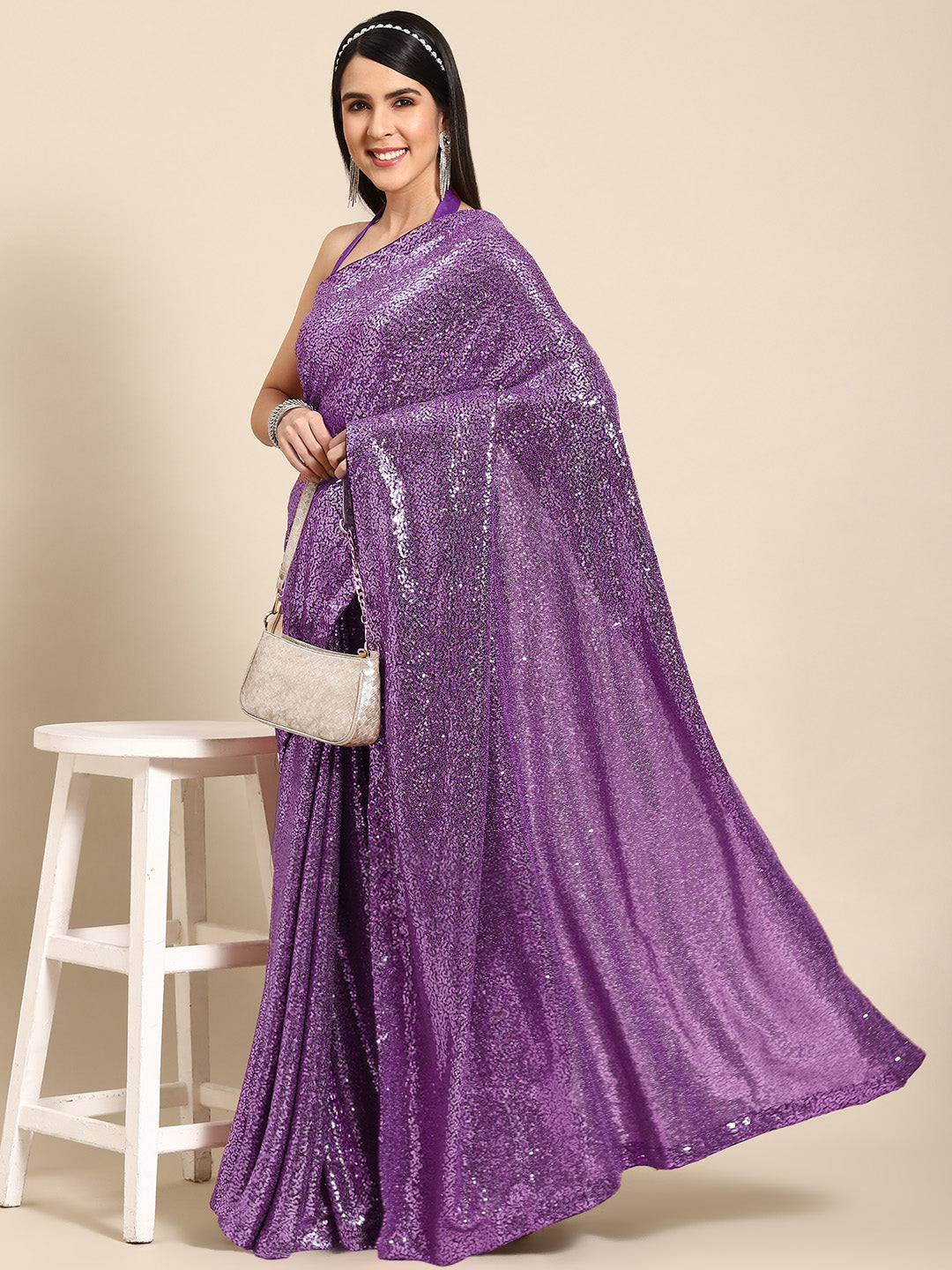 Chhabra 555 Metallic Gold Sequin Embellished Bling Lycra Cocktail Saree