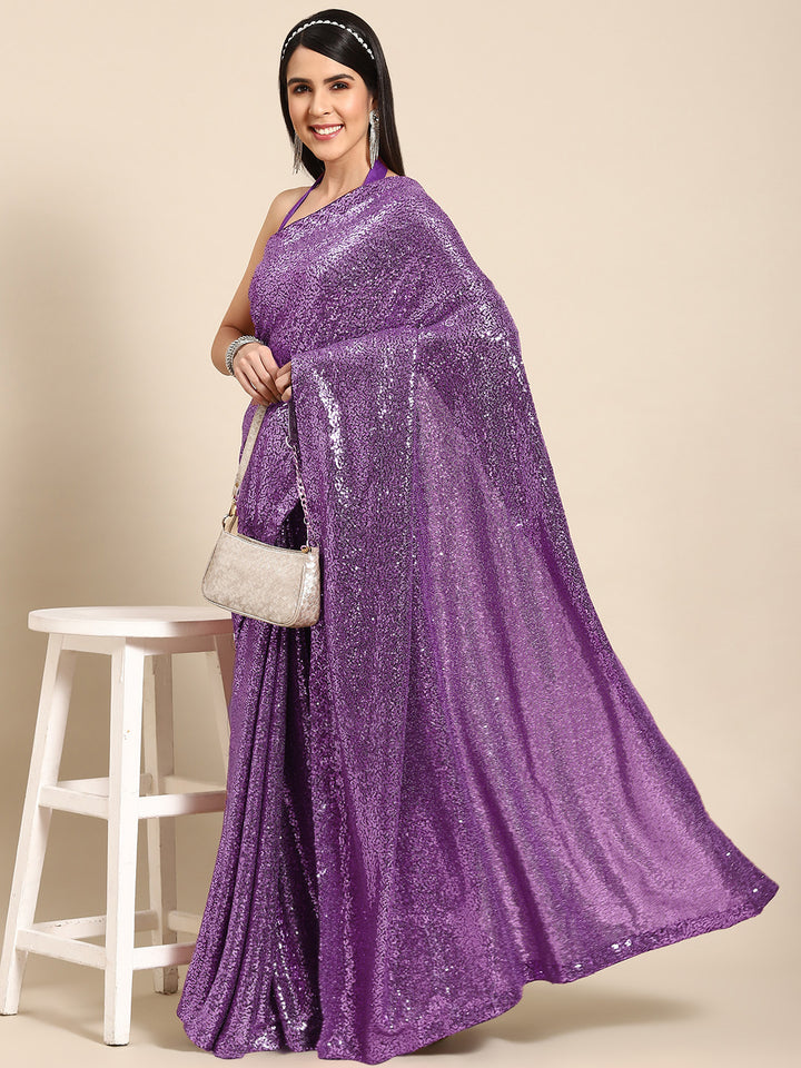 Chhabra 555 Metallic Gold Sequin Embellished Bling Lycra Cocktail Saree