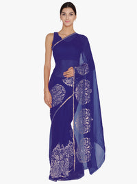 Blue Chiffon Woven Design Embellished Saree