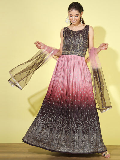 Chhabra 555 Pink Ombre Foil Print Embellished Flared Gown with Accordian Pleats & Net Dupatta