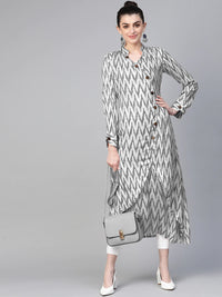 Made to Measure Ikat Inspired Print Long Dress with Wodden Buttons & High Slits