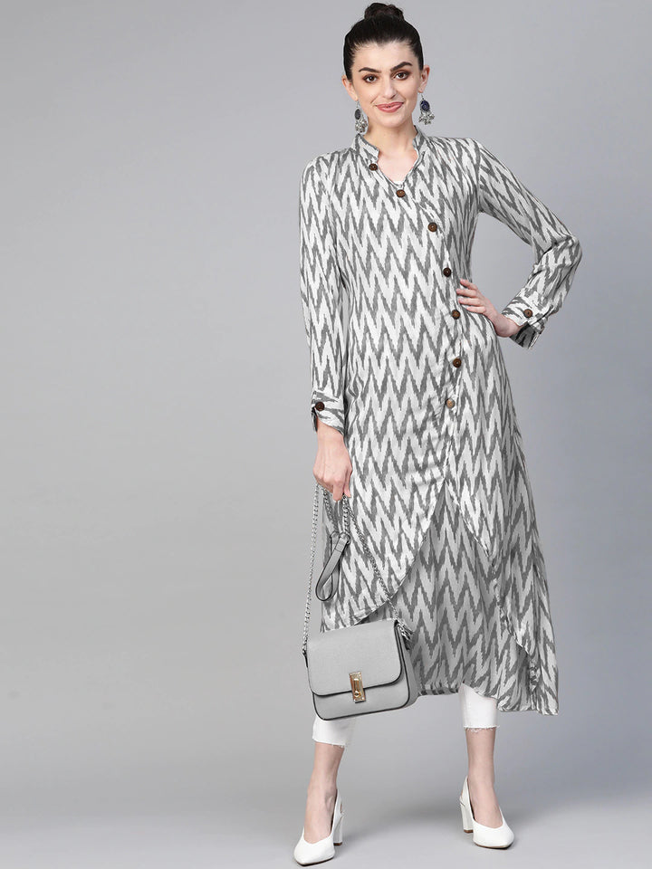 Made to Measure Ikat Inspired Print Long Dress with Wodden Buttons & High Slits