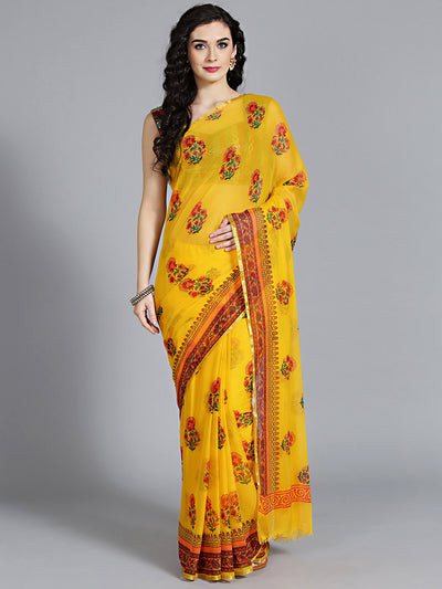 Chhabra 555 Yellow Chiffon Saree with lightweight and Beautiful Floral Pattern Traditonal Saree