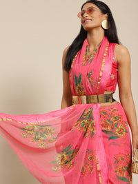 Chhabra 555 Gajari Pink Floral Digital Printed & Glitter Embellished Chiffon Saree with Zari Border 