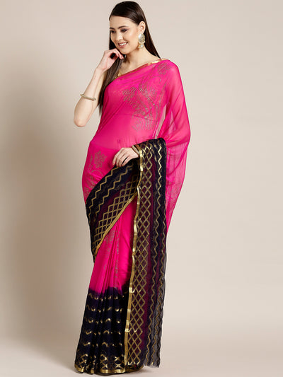 Chhabra 555 Pink Blue Ombre Hand-dyed saree in Khaddi Georgette with Mukaish inspired Gold print Pattern