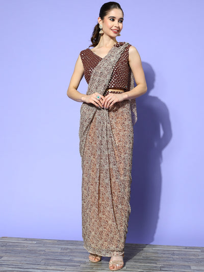 Chhabra 555 Made to Measure Beige & Brown Printed Draped Belted Saree With Sequins Embellish Blouse