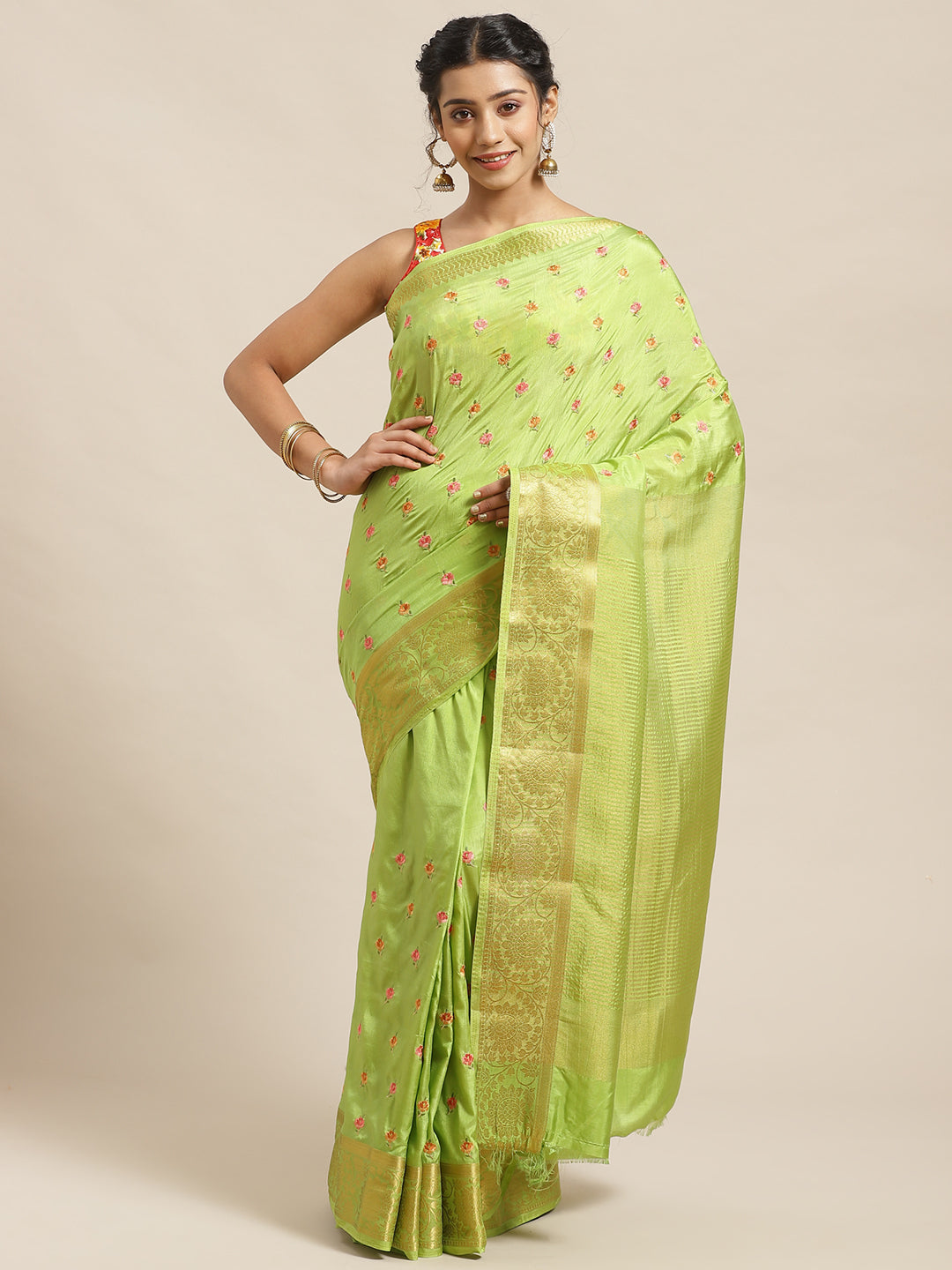 Handloom Chanderi Saree with intricate Resham Embroidered Floral motifs & Zari Border