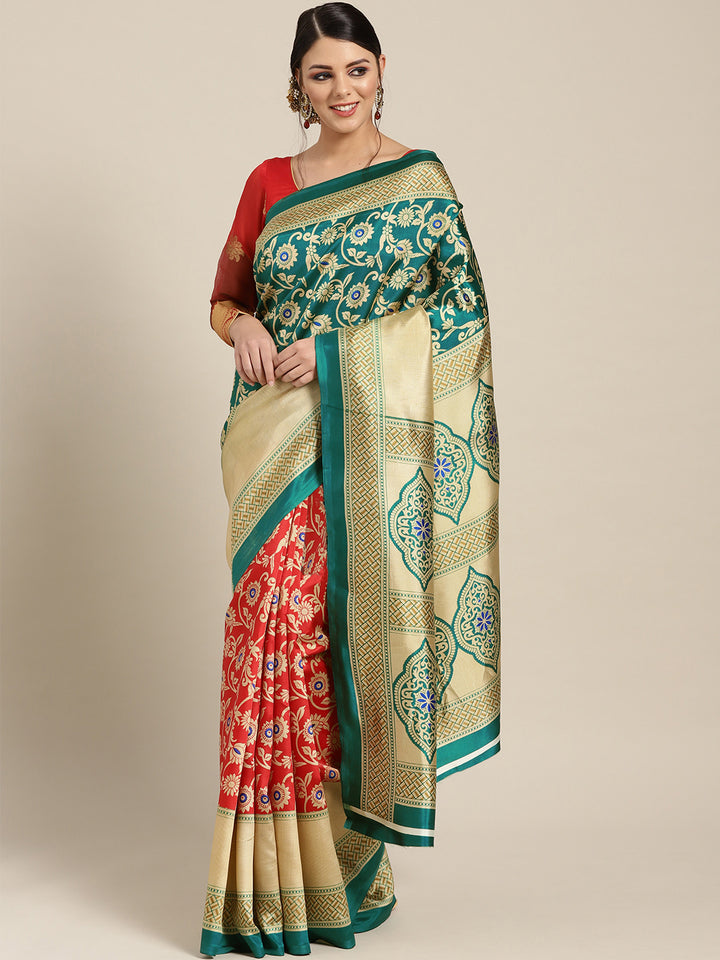 Chhabra 555 Patola Silk Printed Half-and-half saree with Zari Meenakari floral pattern

Color: Red & Turquoise

Type: Patola Sarees

Pattern: Woven Design

Pattern Type: Floral

Ornamentation: NA

Border: Woven Design

Fabric: Art Silk

Saree: 5.35mtr., Width: 1.10 mtr, Blouse: 0.80 mtr
Dry Clean Only

The CAD image gives a detailed look of the actual blouse piece that comes with this saree. The blouse used by the model in the pictures is only for styling purpose.