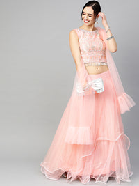 Chhabra 555 Made-to-Measure Crop Top lehenga Set with Chikankari tassled blouse, Sequin and Resham Embroidery, foil print layered lehenga and  ruffled dupatta