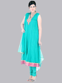 Turquoise Net Anarkali Hand Embroidered Suit With Net Dupatta