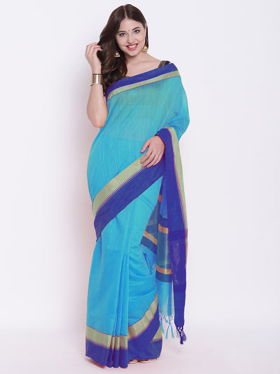 Chhabra 555 Blue Handloom Cotton Silk Saree with Contrast Gold Red Border and Tasseled edges