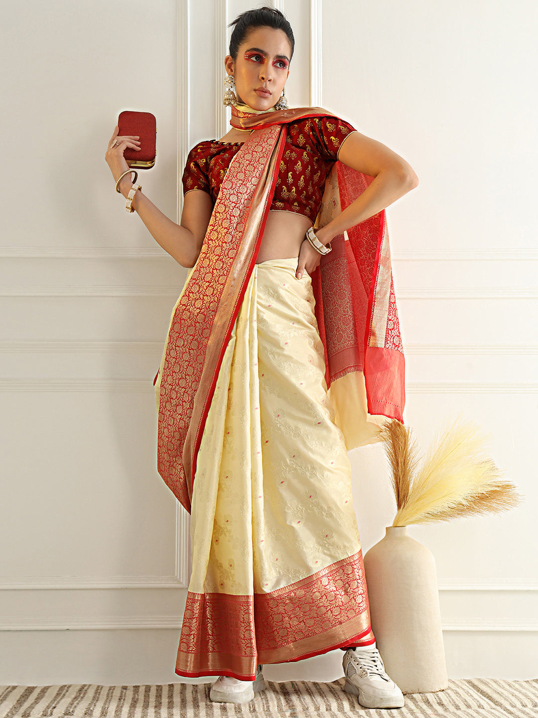 Chhabra 555 Colorblocked Banarasi Silk Saree with Meenakari Zari Floral Motifs