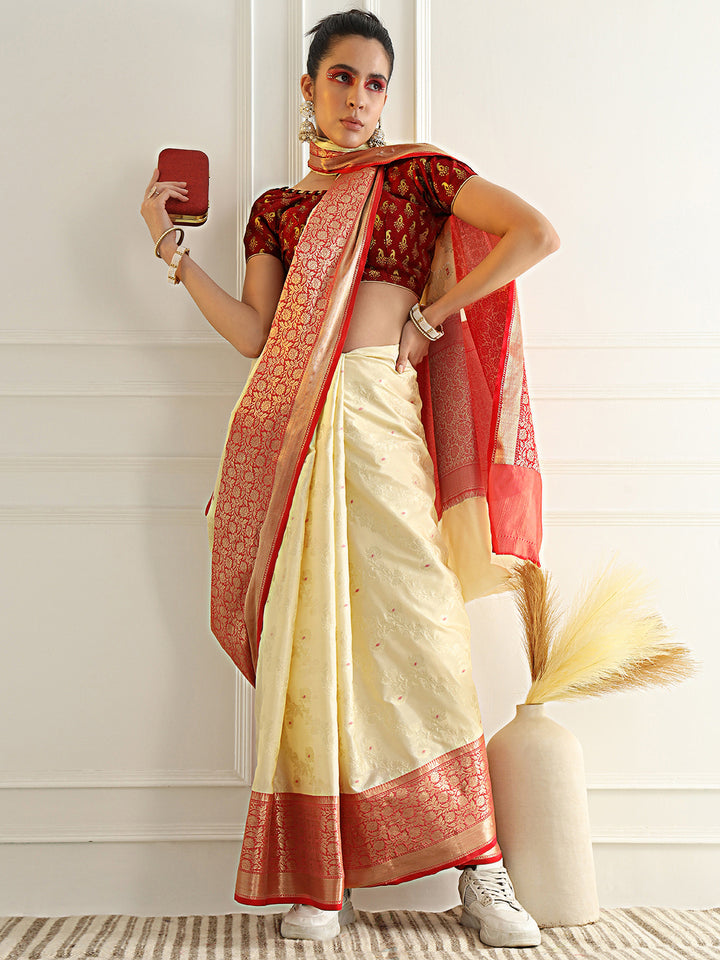 Chhabra 555 Colorblocked Banarasi Silk Saree with Meenakari Zari Floral Motifs