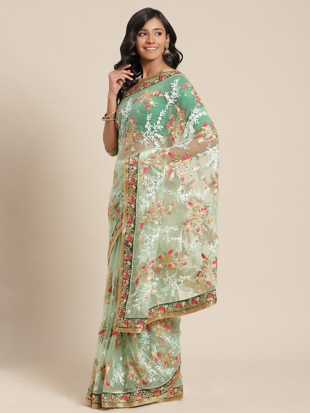 Mint Green Stylized Net Resham Embroidered Saree Embellished With Heavy Border