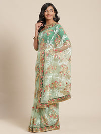 Mint Green Stylized Net Resham Embroidered Saree Embellished With Heavy Border