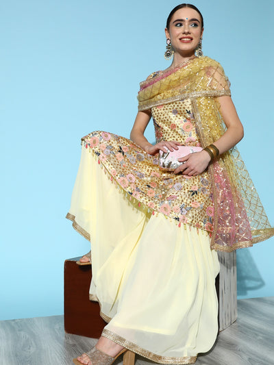 Chhabra 555 Pale Yellow Sequin & Resham Floral Embroidered Peplum Sharara Set & Tassels Hemline