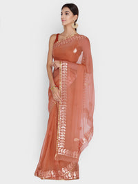 Burnt Sienna Brown Chiffon Gotta Patti Work Solid Embellished Saree