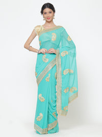 Chhabra 555 Turquoise blue Georgette Saree With Resham Embroidery