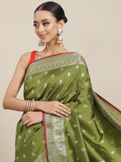 Chhabra 555 Olive Green Ethnic Motifs Gold Zari Mysore Silk Bridal Handloom Woven Saree