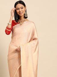 Chhabra 555 Gold Creme Woven Ethnic Kanjeevaram Handloom Saree with Gold Zari Ethnic Motifs